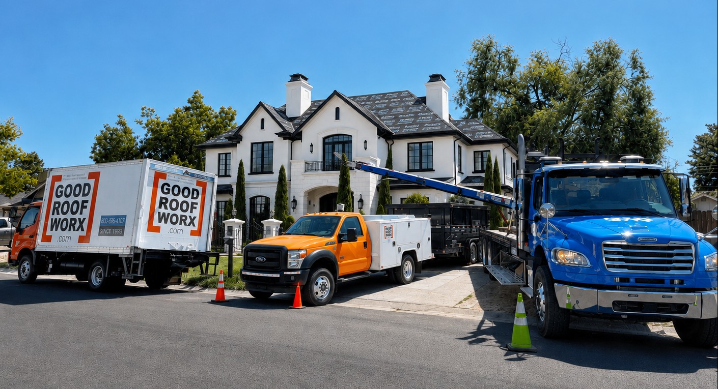 Good Roof Worx crew loading roofing materials for a reroof project in Sacramento, CA